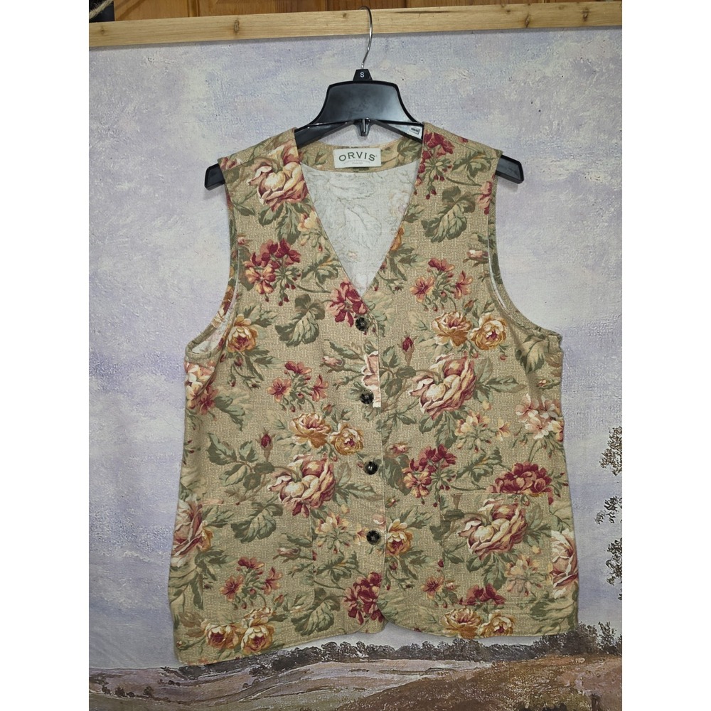 Vintage Orvis Textured Cotton Core Floral Vest with Romantic Rose Pattern Sz L